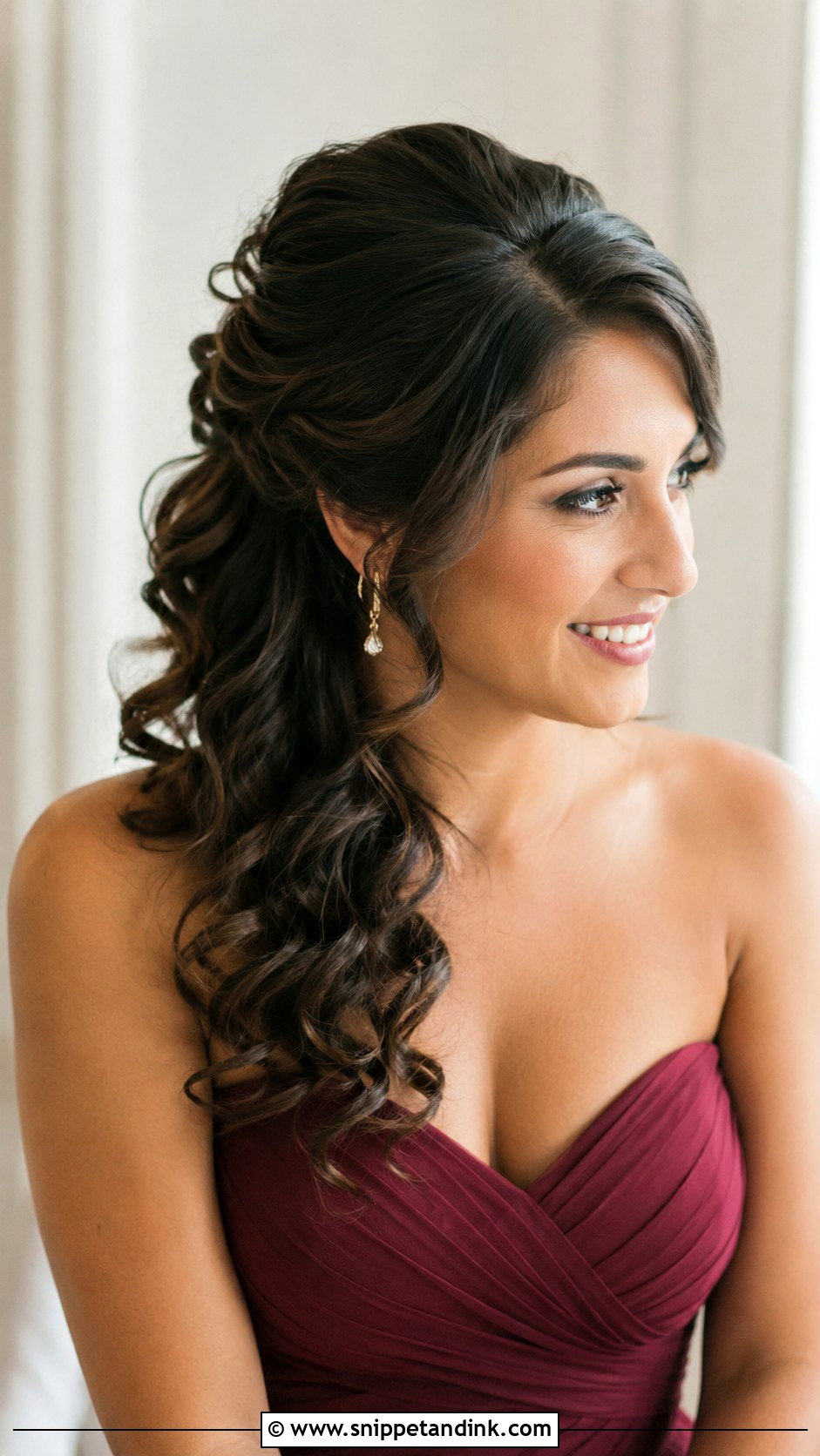Half Up Half Down Bridesmaid Hair With Side Swept Curls - Snippet and Ink - 35 Half Up Half Down Bridesmaid Hair Ideas