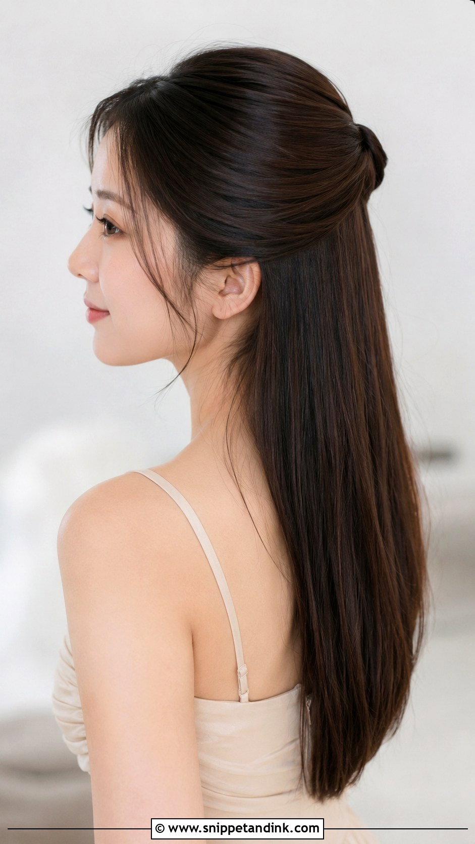 Half Up Half Down Bridesmaid Hair With Sleek Straight Hair - Snippet and Ink - 35 Half Up Half Down Bridesmaid Hair Ideas