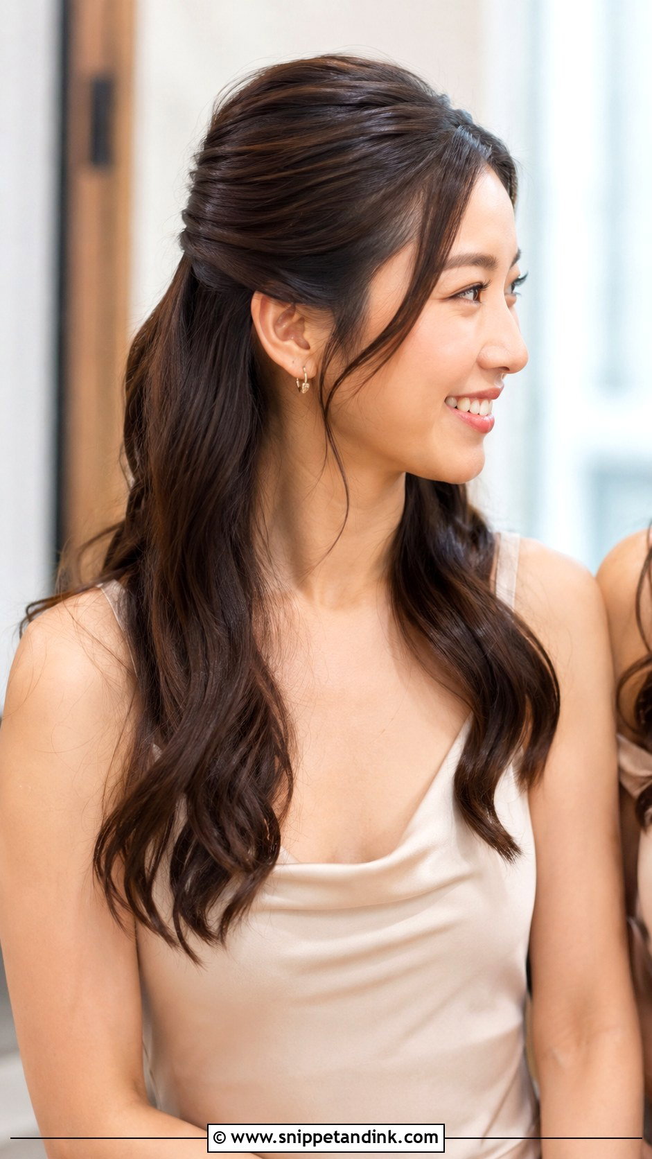 Half Up Half Down Bridesmaid Hair With Sleek Top - Snippet and Ink - 25 Half Up Half Down Wedding Hair Bridesmaid Ideas