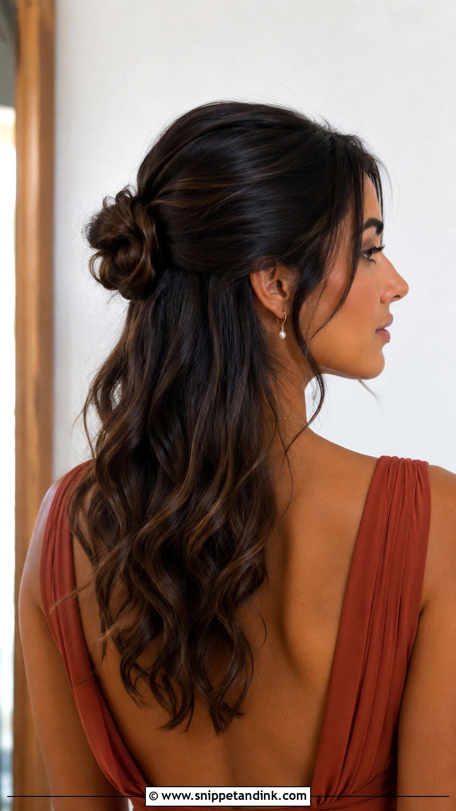Half Up Half Down Bridesmaid Hair With Small Bun - Snippet and Ink - 20 Bridesmaid Hair Inspo Half Up Half Down Ideas