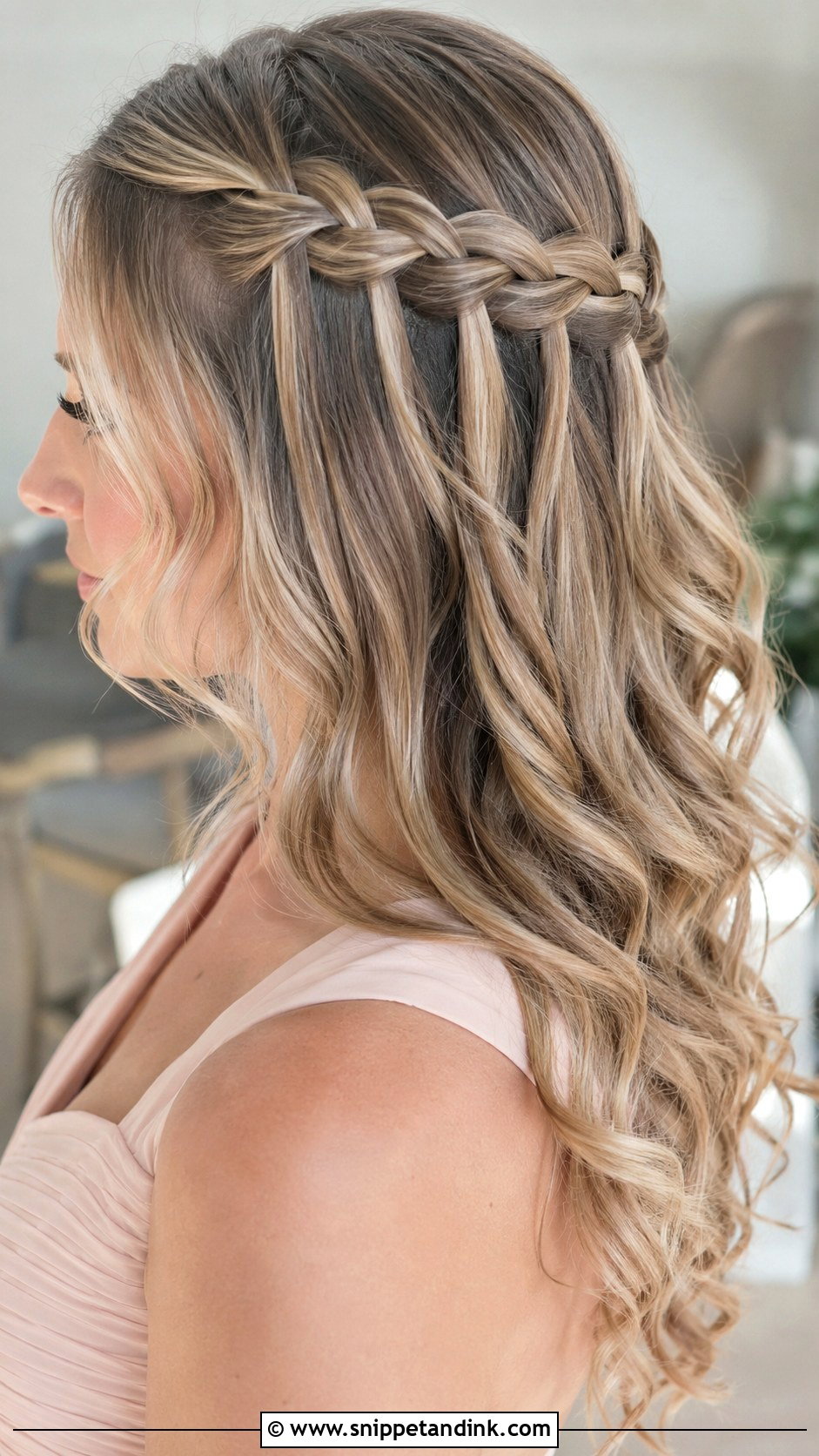 Half Up Half Down Bridesmaid Hair With Waterfall Braid - Snippet and Ink - 25 Half Up Half Down Wedding Hair Bridesmaid Ideas