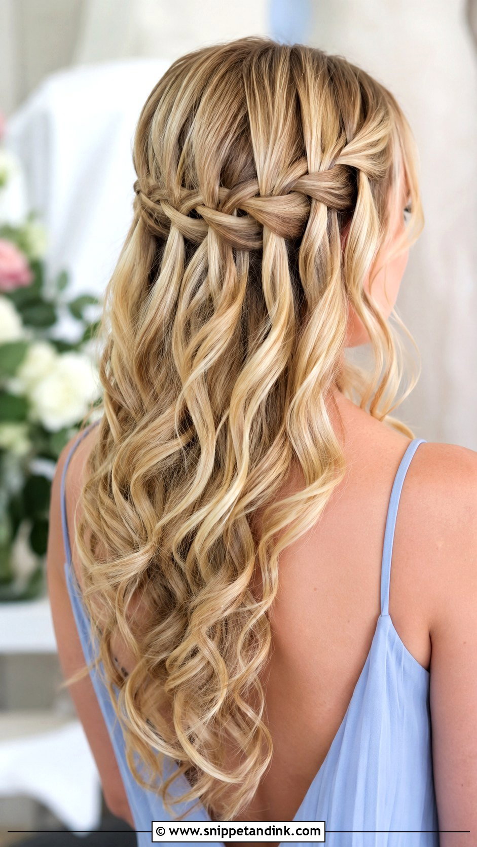 Half Up Half Down Bridesmaid Hair With Waterfall Braid - Snippet and Ink - 30 Bridesmaids Half Up Half Down Hairstyles