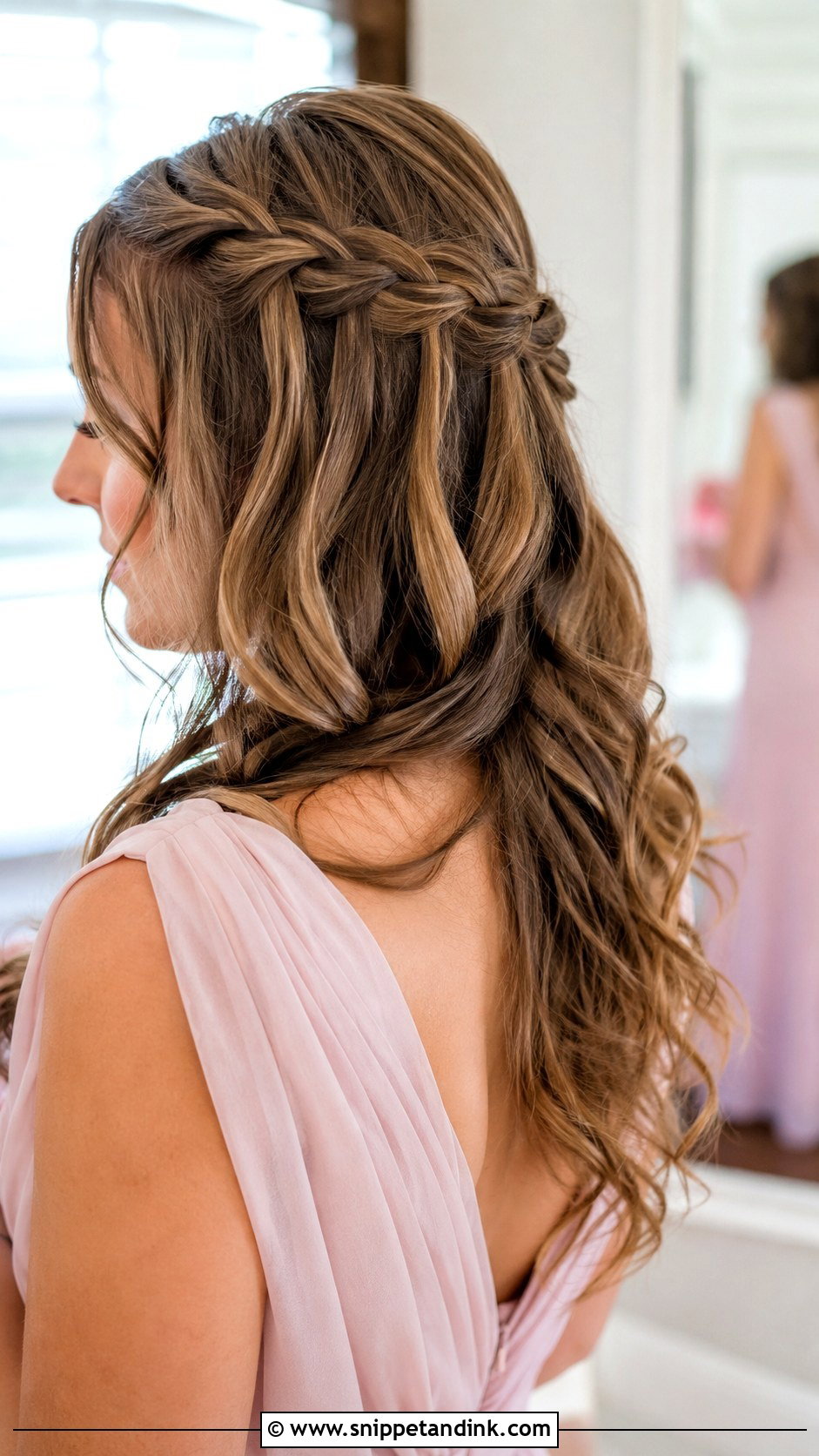 Half Up Half Down Bridesmaid Hair With Waterfall Braid - Snippet and Ink - 20 Bridesmaid Hair Inspo Half Up Half Down Ideas