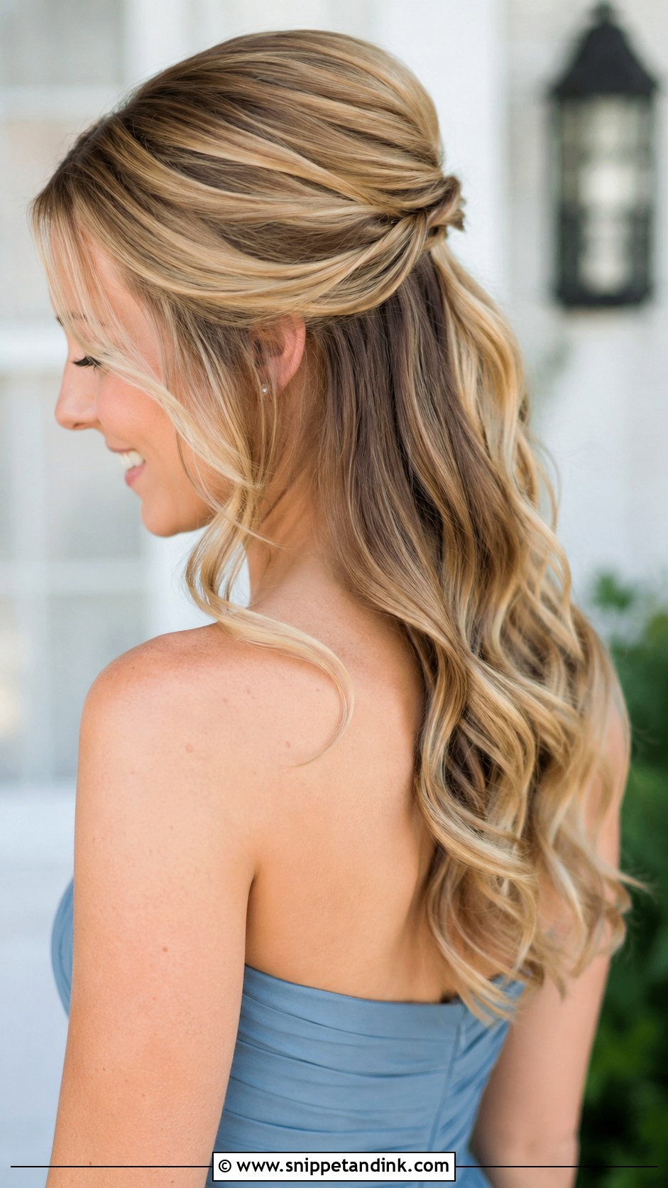 Half Up Half Down Bridesmaid Hairstyle For Strapless Dress - Snippet and Ink - 20 Bridesmaid Hairstyles Strapless Dress