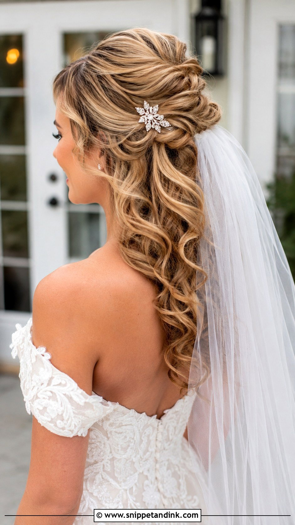 Half Up Half Down Curled Updo - Snippet and Ink - 20 Elegant Updo Wedding Hairstyles