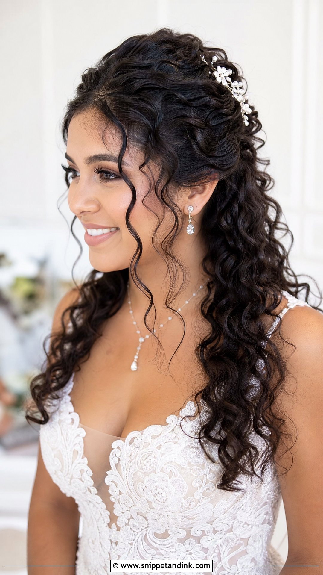 Half Up Half Down Curls With Face Framing Tendrils - Snippet and Ink - 20 Curly Hair Half-Up Half-Down Wedding Ideas