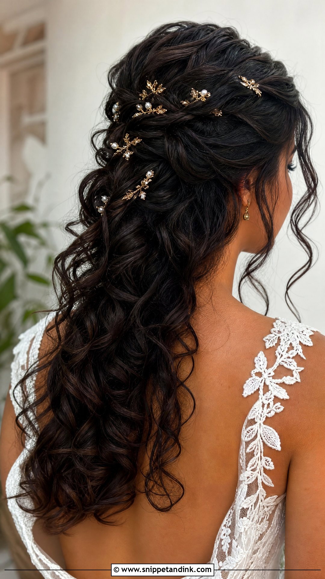 Half Up Half Down Curls With Gold Hairpins - Snippet and Ink - 20 Curly Hair Half-Up Half-Down Wedding Ideas