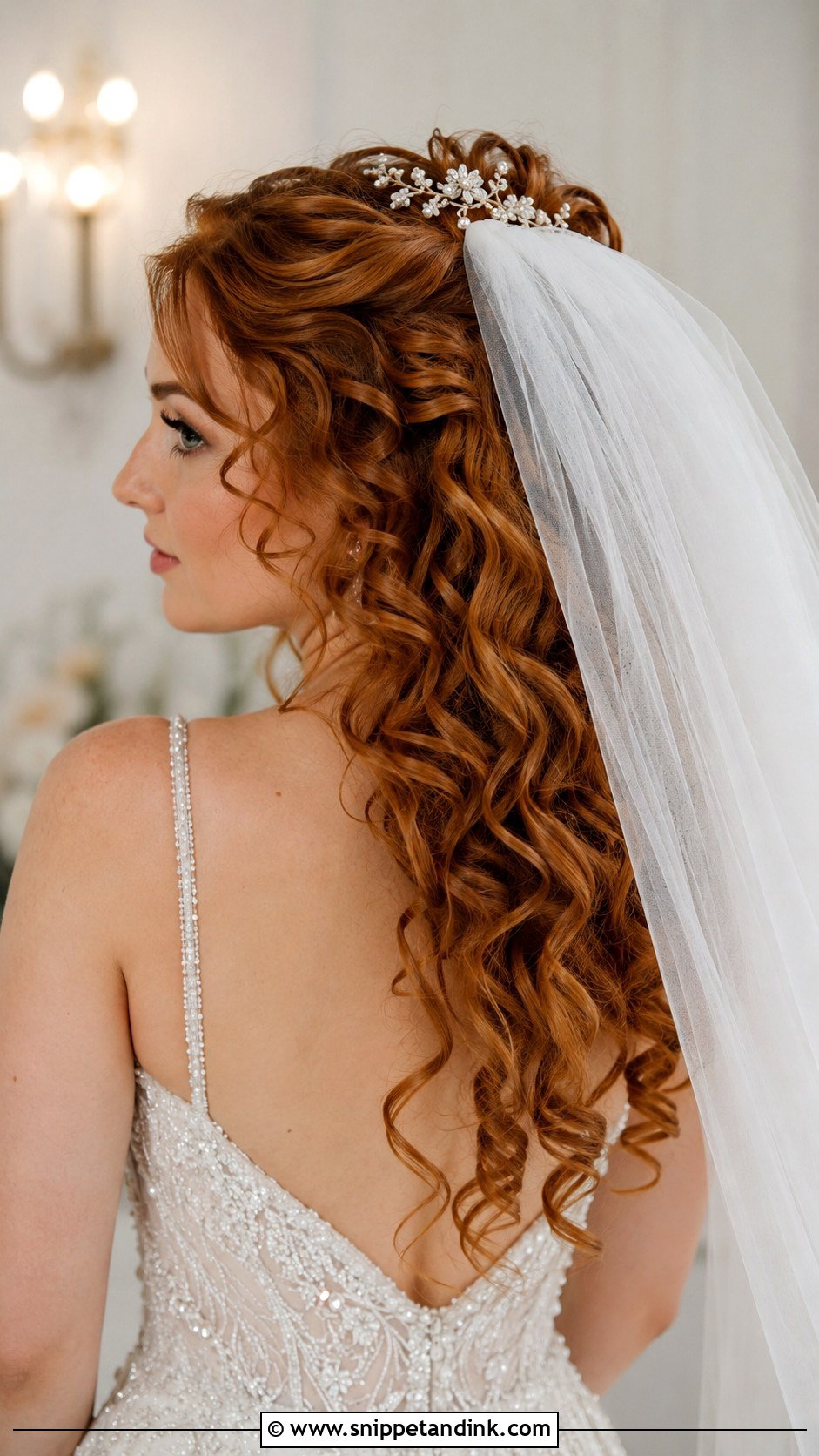Half Up Half Down Curls With Veil - Snippet and Ink - 30 Curly Hair Wedding Styles