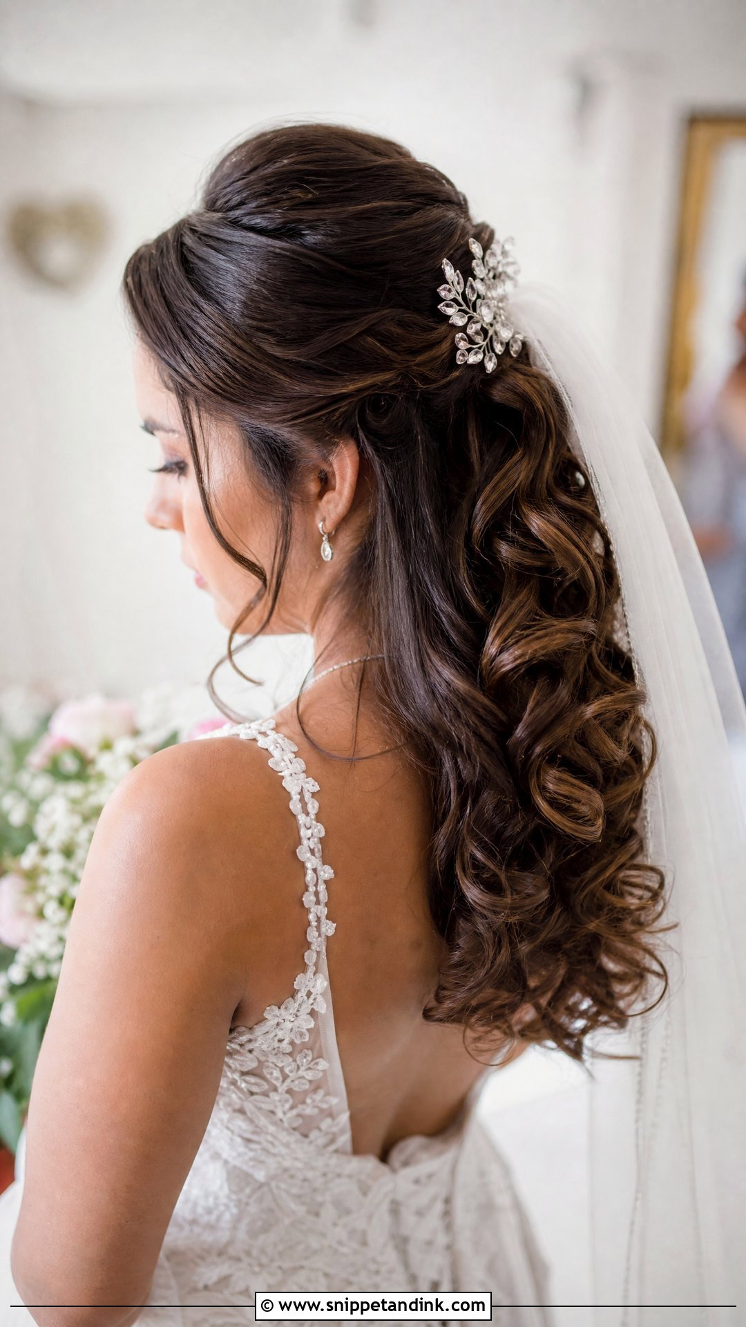 Half Up Half Down Curls for Brunettes - Snippet and Ink - 20 Dark Hair Wedding Hairstyles Brides