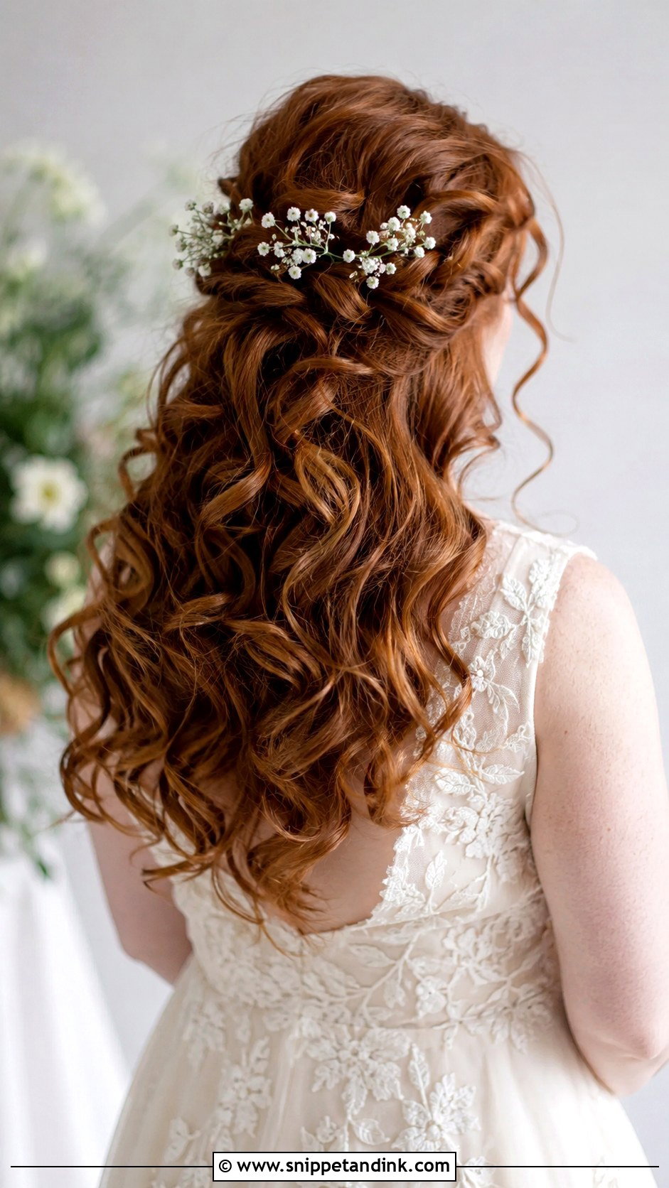 Half Up Half Down Curly Wedding Hair With Baby Breath - Snippet and Ink - 15 Half-Up Half-Down Curly Long Hair Wedding Hairstyles Accessories