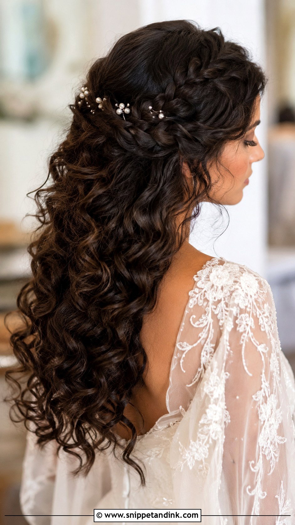 Half Up Half Down Curly Wedding Hair With Braided Crown - Snippet and Ink - 15 Half-Up Half-Down Curly Long Hair Wedding Hairstyles Accessories