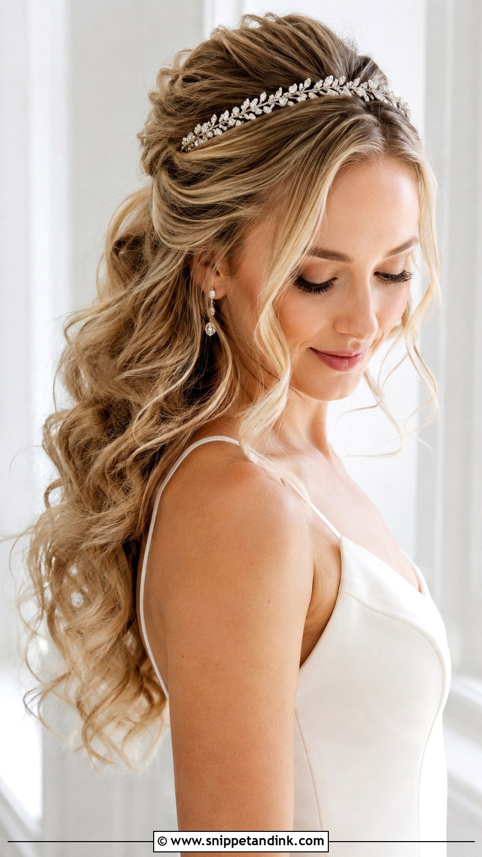 Half Up Half Down Curly Wedding Hair With Crystal Headband - Snippet and Ink - 15 Half-Up Half-Down Curly Long Hair Wedding Hairstyles Accessories