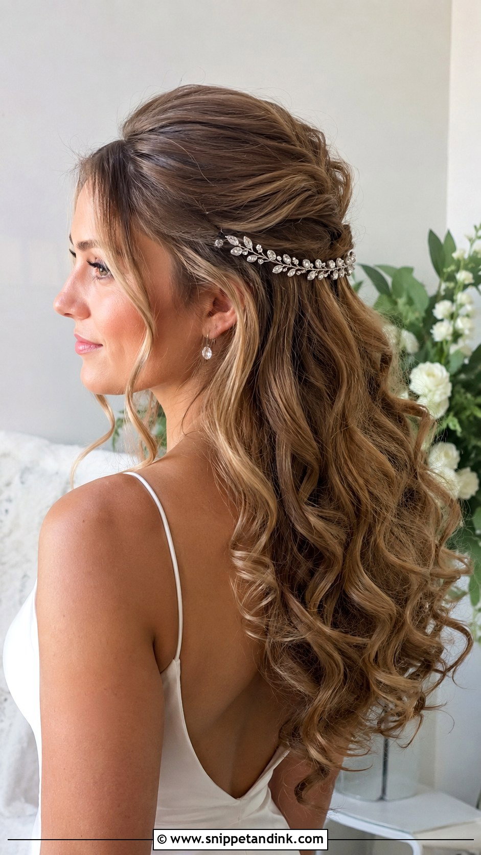 Half Up Half Down Curly Wedding Hair With Crystal Vine - Snippet and Ink - 15 Half-Up Half-Down Curly Long Hair Wedding Hairstyles Accessories