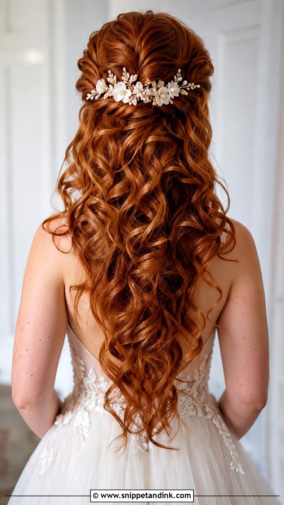 Half Up Half Down Curly Wedding Hair With Floral Comb - Snippet and Ink - 15 Half-Up Half-Down Curly Long Hair Wedding Hairstyles Accessories