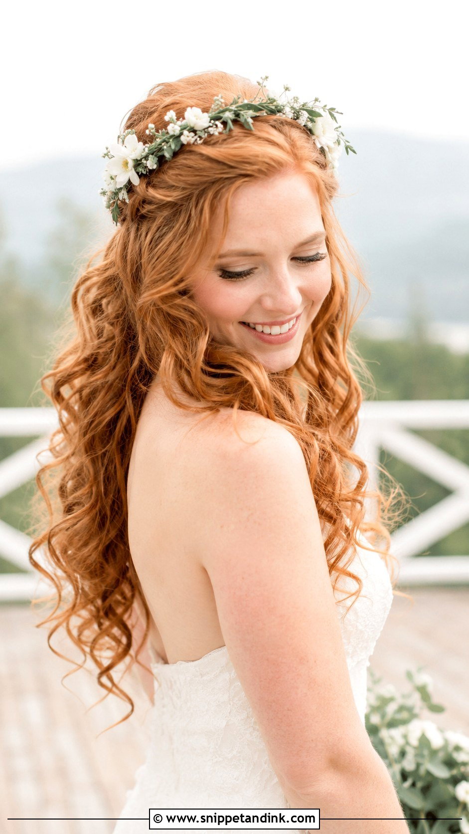 Half Up Half Down Curly Wedding Hair With Flower Crown - Snippet and Ink - 15 Half-Up Half-Down Curly Long Hair Wedding Hairstyles Accessories