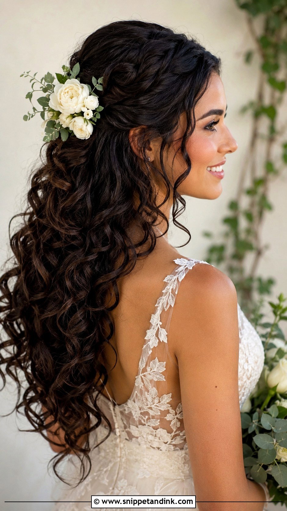 Half Up Half Down Curly Wedding Hair With Fresh Flowers - Snippet and Ink - 15 Half-Up Half-Down Curly Long Hair Wedding Hairstyles Accessories