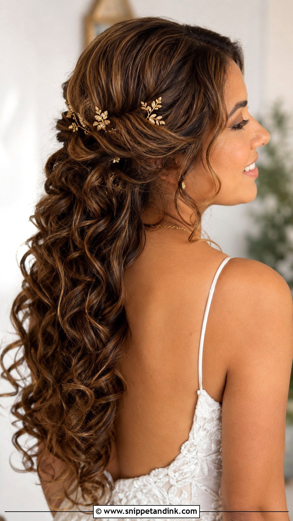 Half Up Half Down Curly Wedding Hair With Gold Hair Pins - Snippet and Ink - 15 Half-Up Half-Down Curly Long Hair Wedding Hairstyles Accessories
