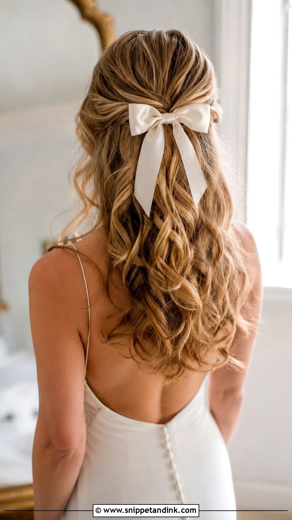 Half Up Half Down Curly Wedding Hair With Hair Bow - Snippet and Ink - 15 Half-Up Half-Down Curly Long Hair Wedding Hairstyles Accessories