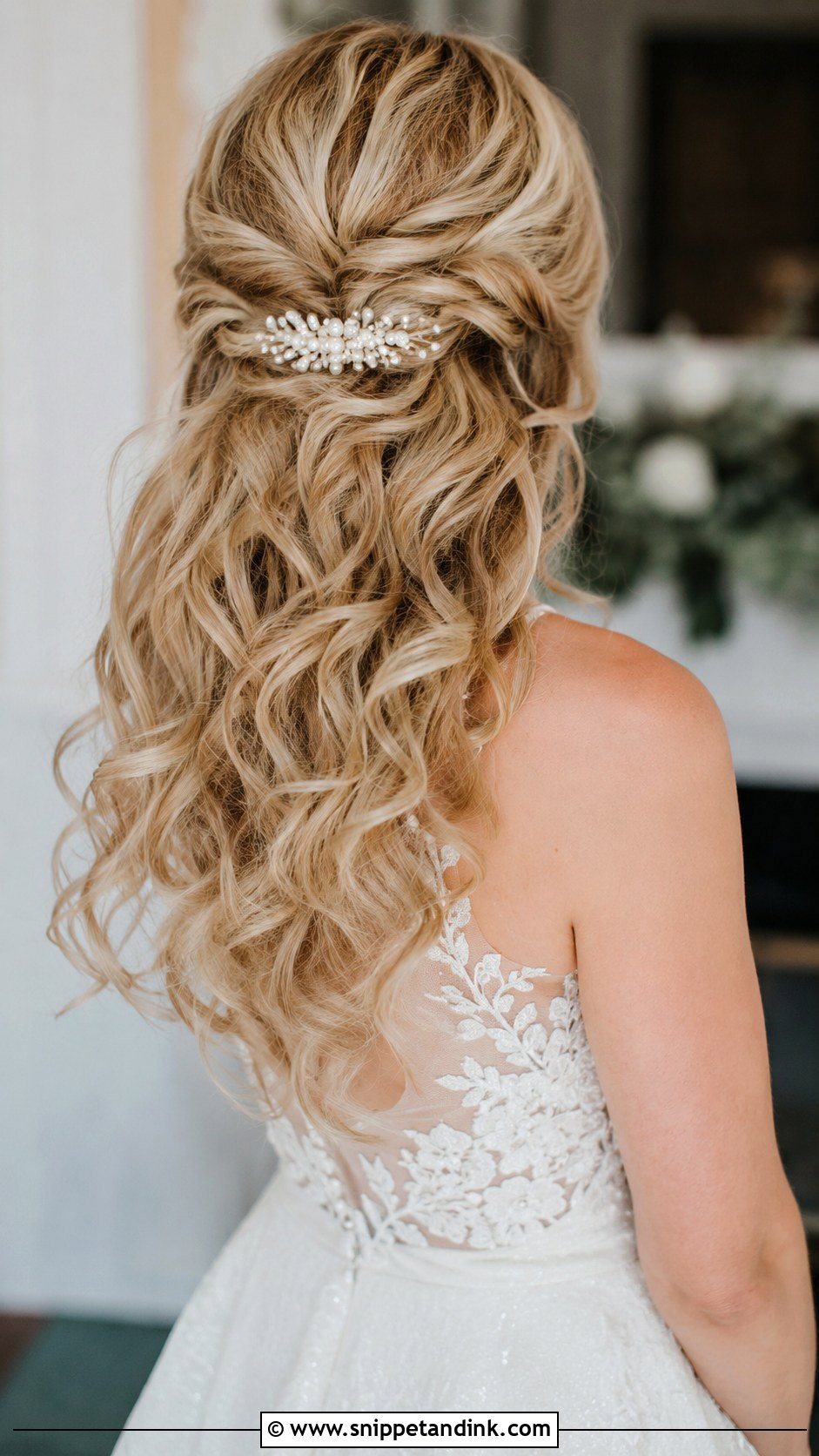 Half Up Half Down Curly Wedding Hair With Pearl Comb - Snippet and Ink - 15 Half-Up Half-Down Curly Long Hair Wedding Hairstyles Accessories
