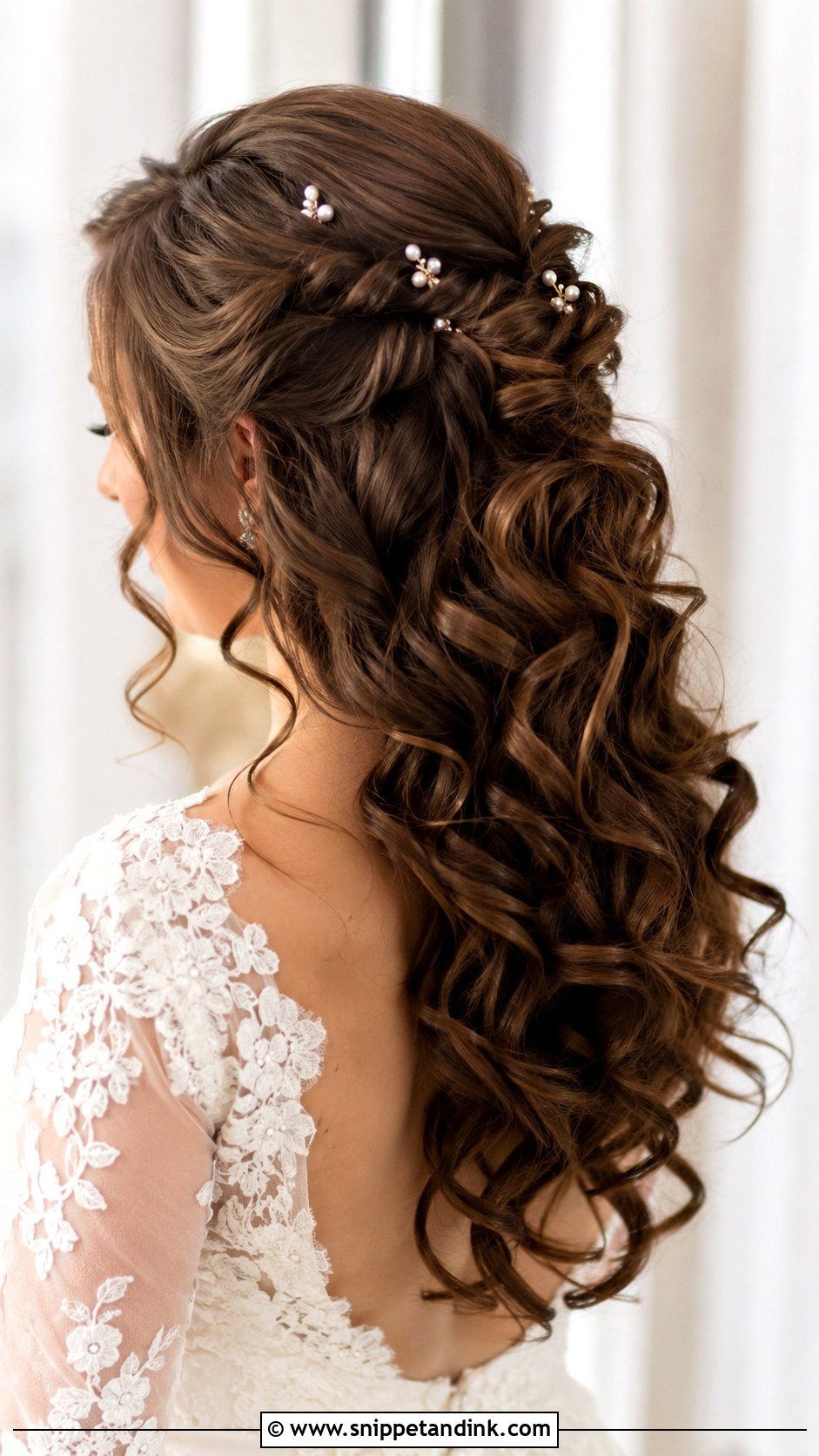 Half Up Half Down Curly Wedding Hair With Pearl Pins - Snippet and Ink - 15 Half-Up Half-Down Curly Long Hair Wedding Hairstyles Accessories