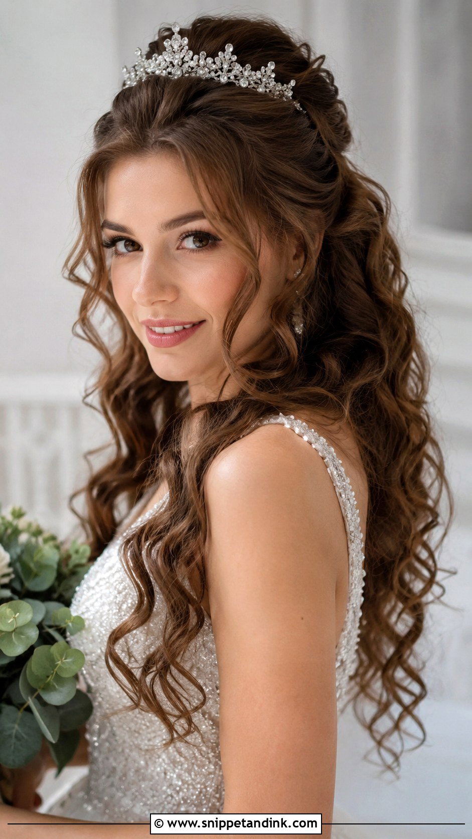 Half Up Half Down Curly Wedding Hair With Tiara - Snippet and Ink - 15 Half-Up Half-Down Curly Long Hair Wedding Hairstyles Accessories