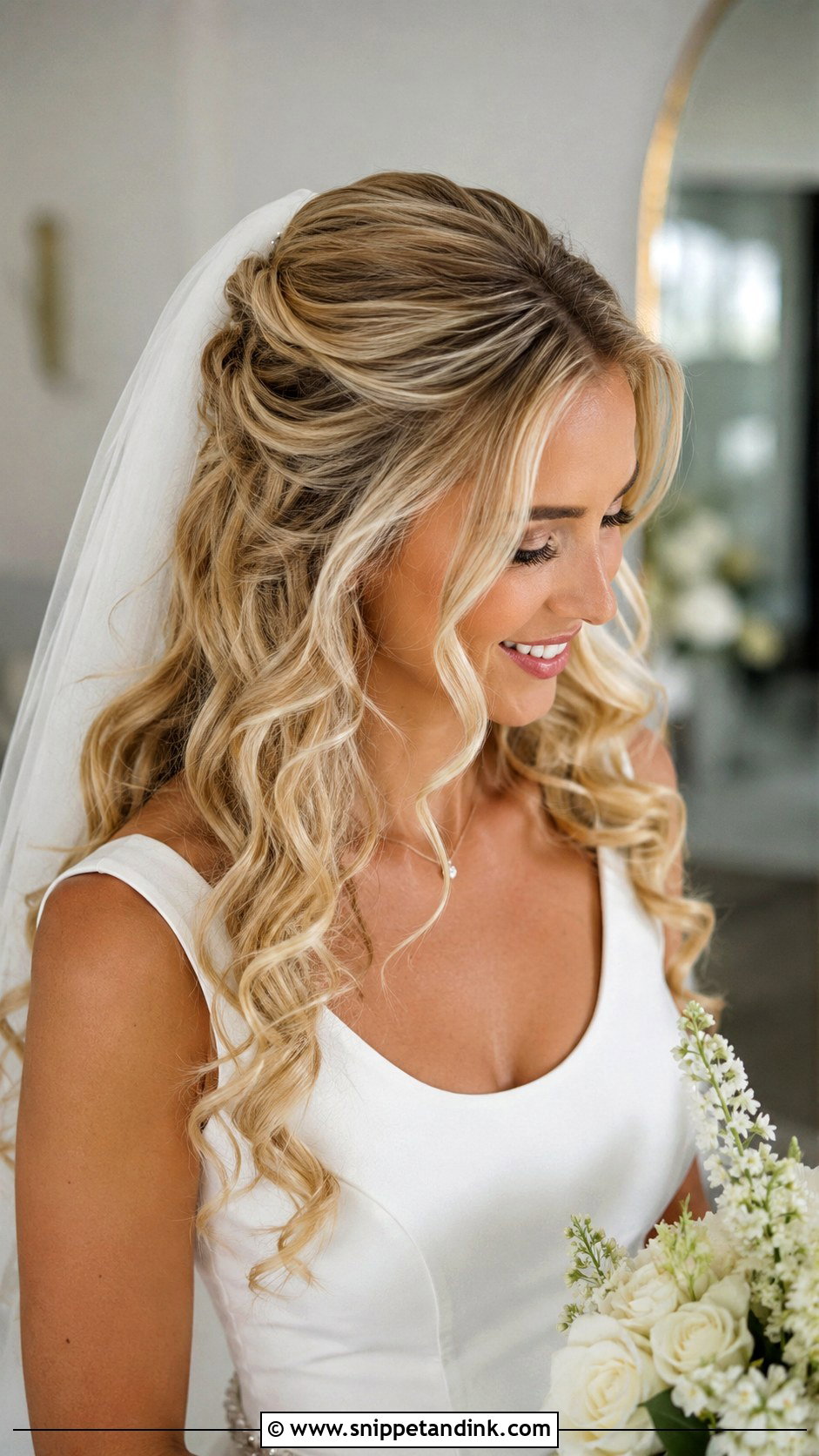 Half Up Half Down Curly Wedding Hair With Veil - Snippet and Ink - 15 Half-Up Half-Down Curly Long Hair Wedding Hairstyles Accessories