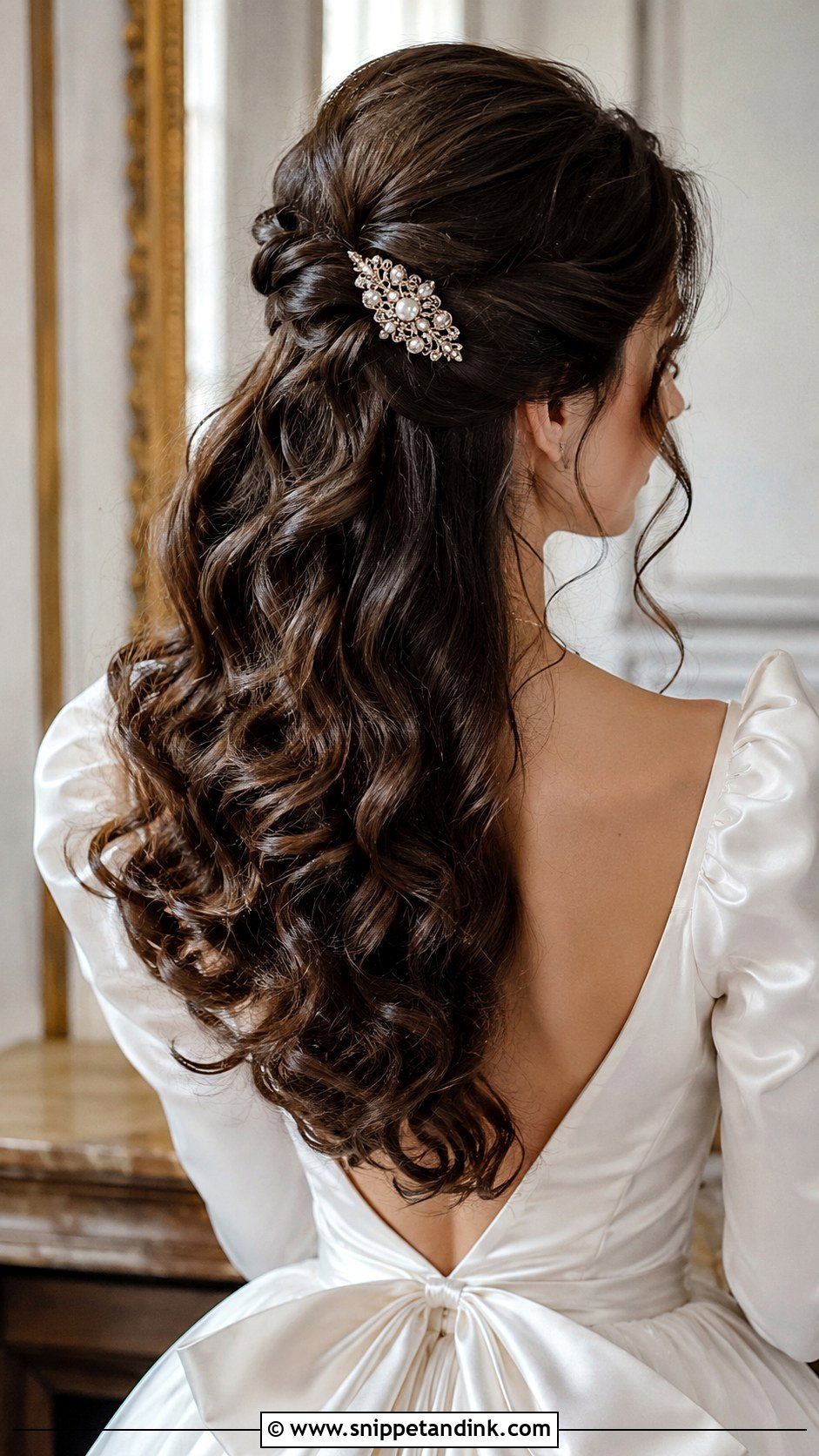 Half Up Half Down Curly Wedding Hair With Vintage Barrette - Snippet and Ink - 15 Half-Up Half-Down Curly Long Hair Wedding Hairstyles Accessories