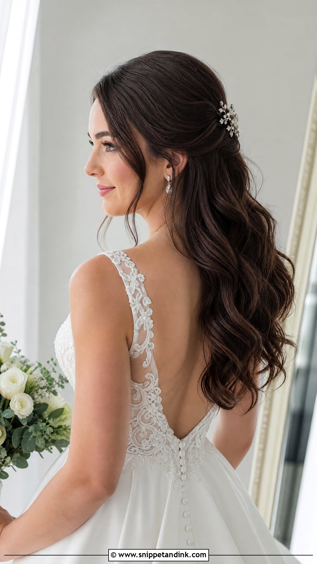 Half Up Half Down Dark Hair With Waves - Snippet and Ink - 20 Dark Wedding Hair Ideas