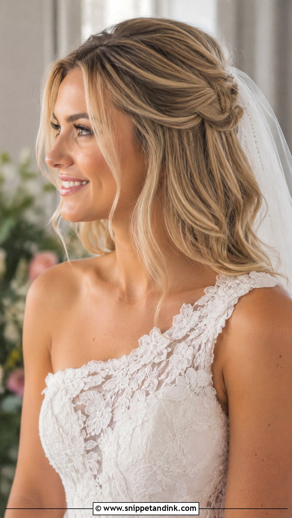 Half Up Half Down For One Shoulder Dress - Snippet and Ink - 15 Wedding Hairstyles for One Shoulder Dress