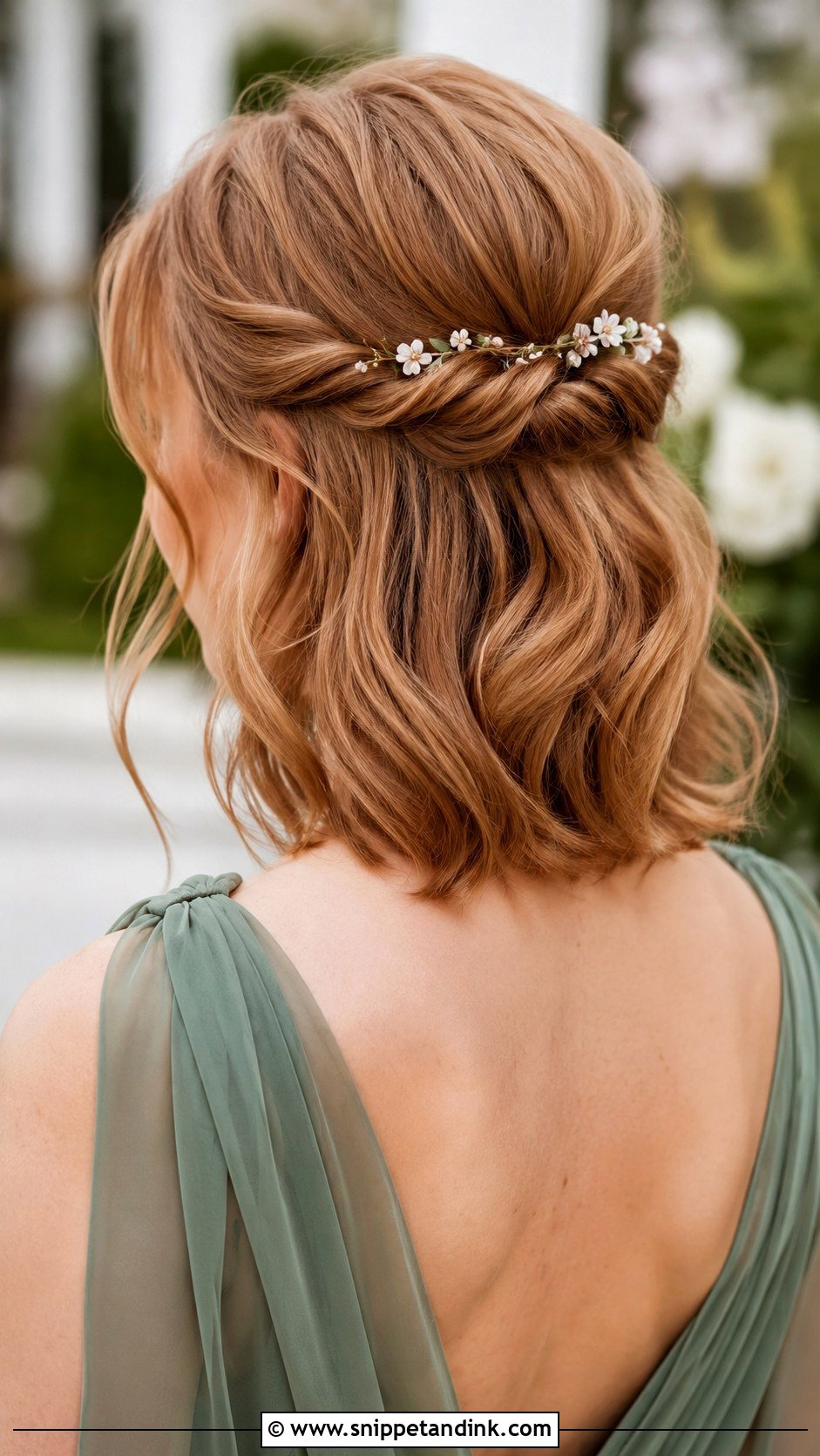 Half Up Half Down Short Hair With Floral Pins - Snippet and Ink - 20 Simple Wedding Hairstyles Half Up Half Down Short Hair Bridesmaid