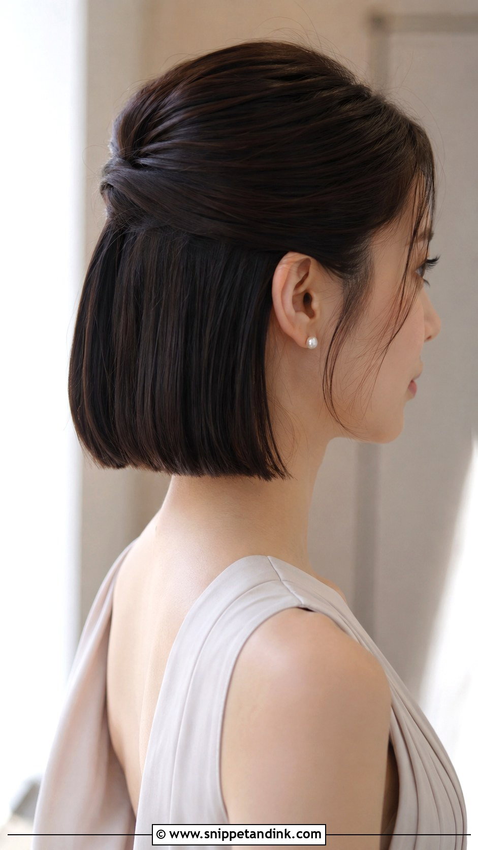 Half Up Half Down Short Hair With Sleek Finish - Snippet and Ink - 20 Half Up Half Down Bridesmaid Hair Short Ideas