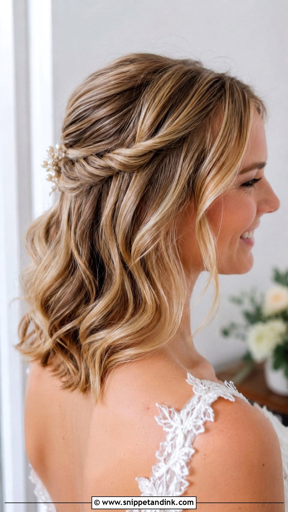 Half Up Half Down Short Hairstyle - Snippet and Ink - 20 Easy Short Hair Updo Wedding Ideas