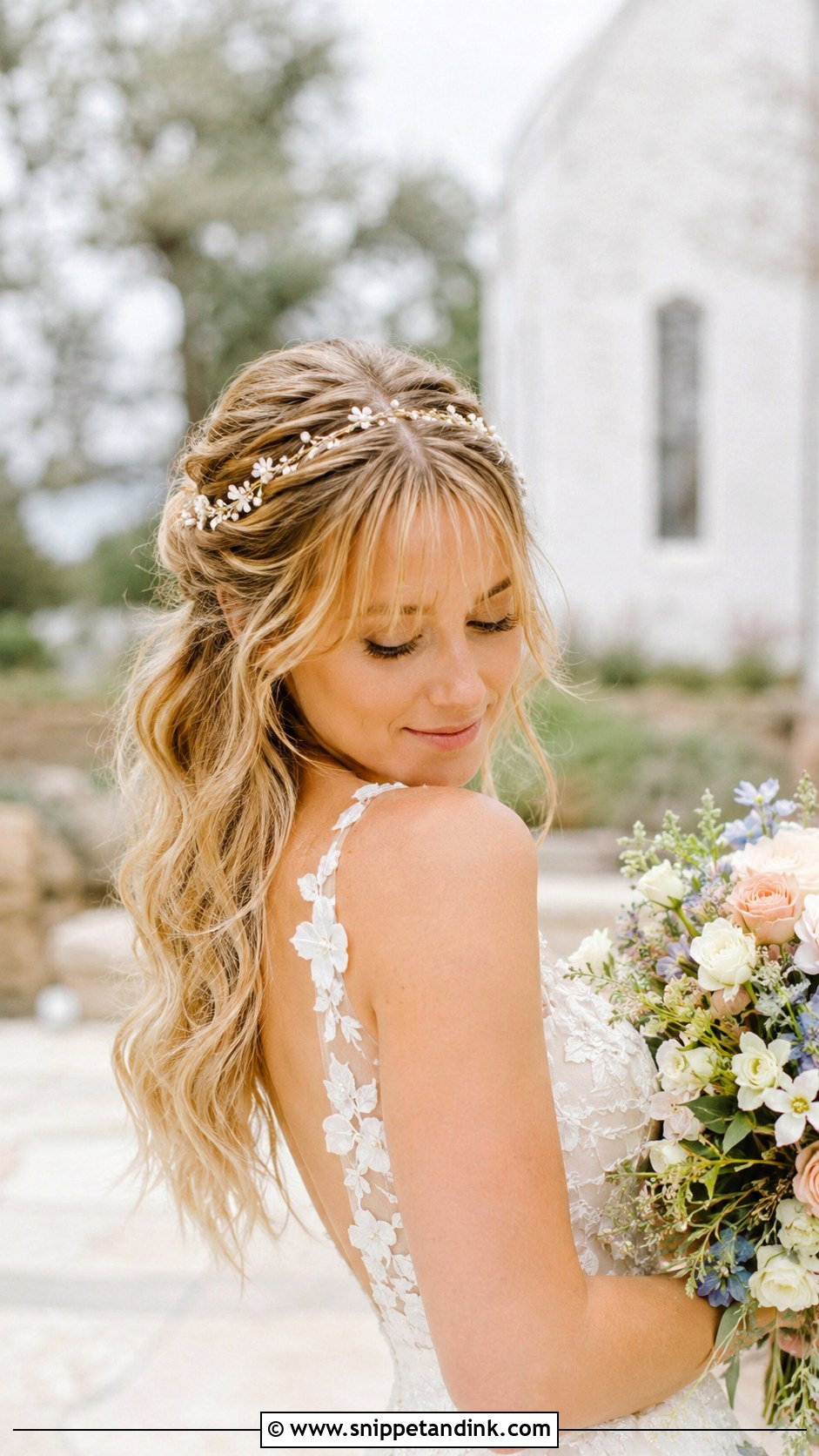 Half Up Half Down Updo With Bangs - Snippet and Ink - 20 Wedding Updo with Bangs Ideas