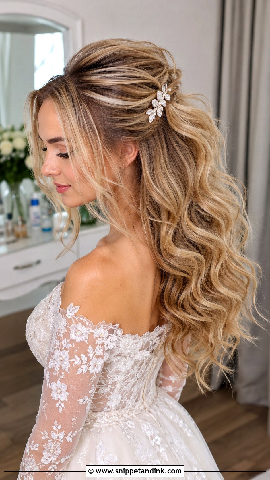 Half Up Half Down Voluminous Wedding Hairstyle - Snippet and Ink - 20 Half-Up Half-Down Wedding Hair Inspo Ideas