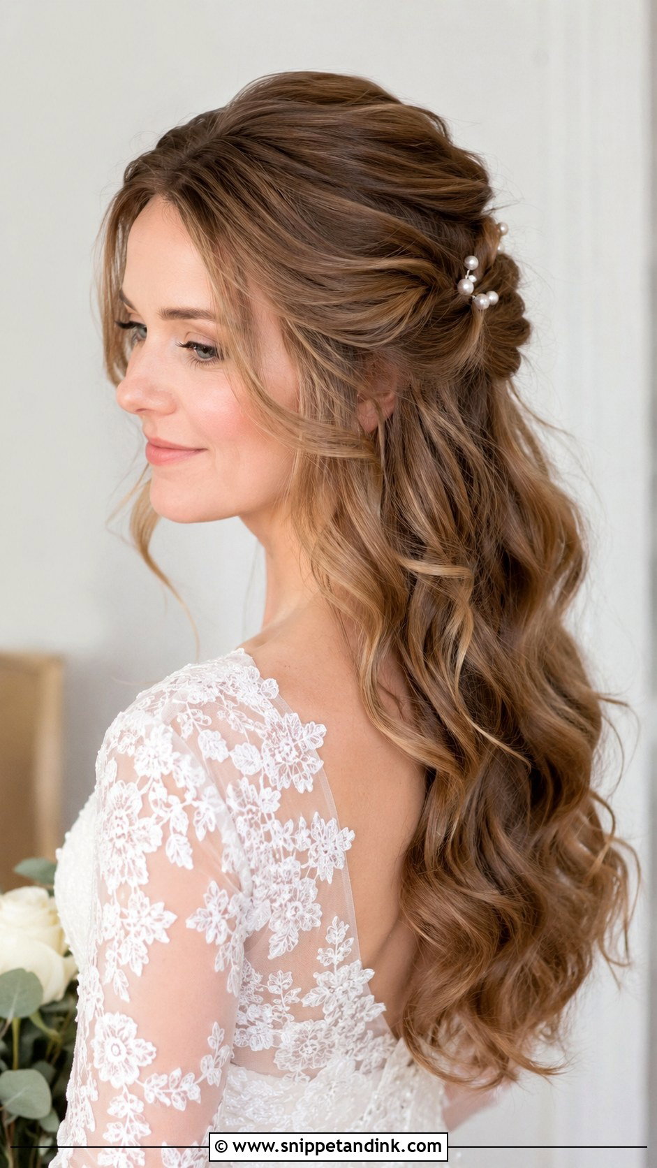 Half Up Half Down Waves with Pearl Pins - Snippet and Ink - 25 Wavy Bridal Hair Ideas