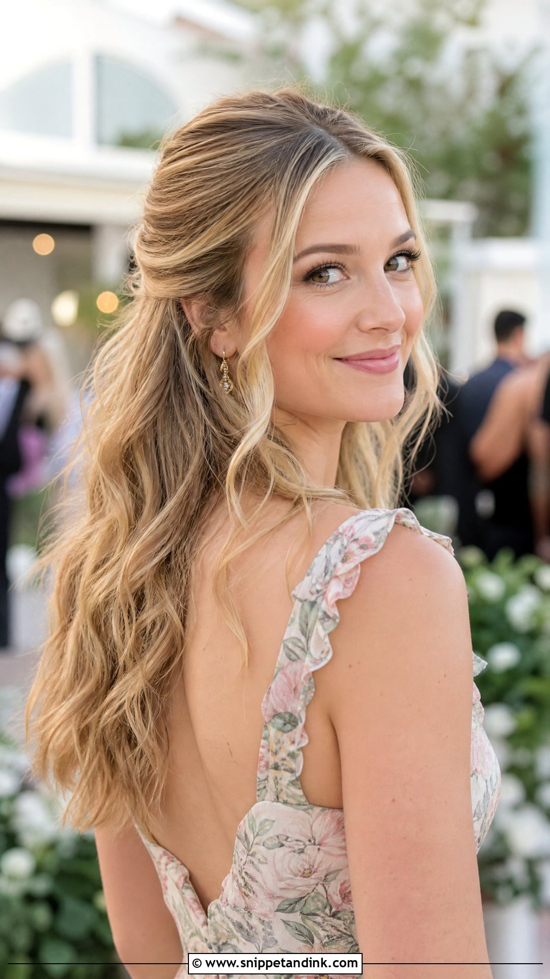 Half Up Half Down Wavy Hairstyle - Snippet and Ink - 30 Medium Wedding Guest Hairstyles