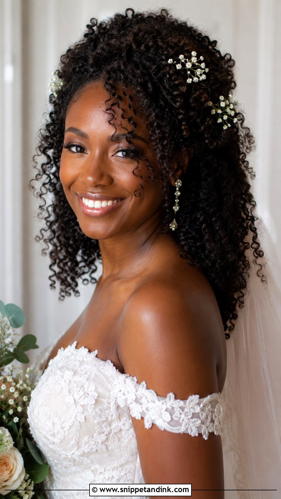 Half Up Half Down Wedding Hair For Curly Hair With Flowers - Snippet and Ink - 20 Half-Up Half-Down Wedding Hair with Flowers