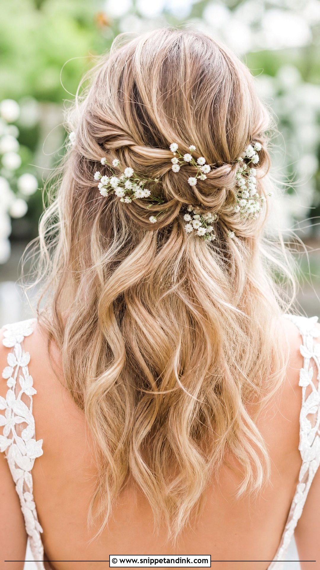 Half Up Half Down Wedding Hair With Babys Breath - Snippet and Ink - 20 Simple Half-Up Half-Down Wedding Hairstyles