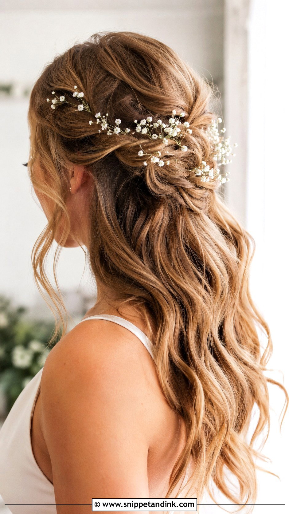 Half Up Half Down Wedding Hair With Babys Breath - Snippet and Ink - 15 Half-Up Half-Down Wedding Hairstyles with Flowers