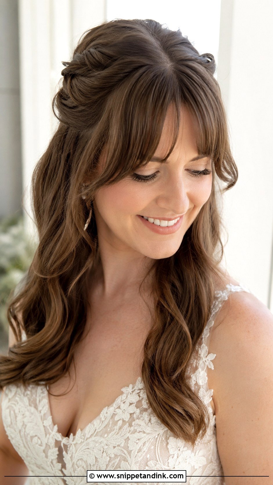 Half Up Half Down Wedding Hair With Bangs - Snippet and Ink - 25 Half-Up Half-Down Wedding Hair Tutorial Ideas