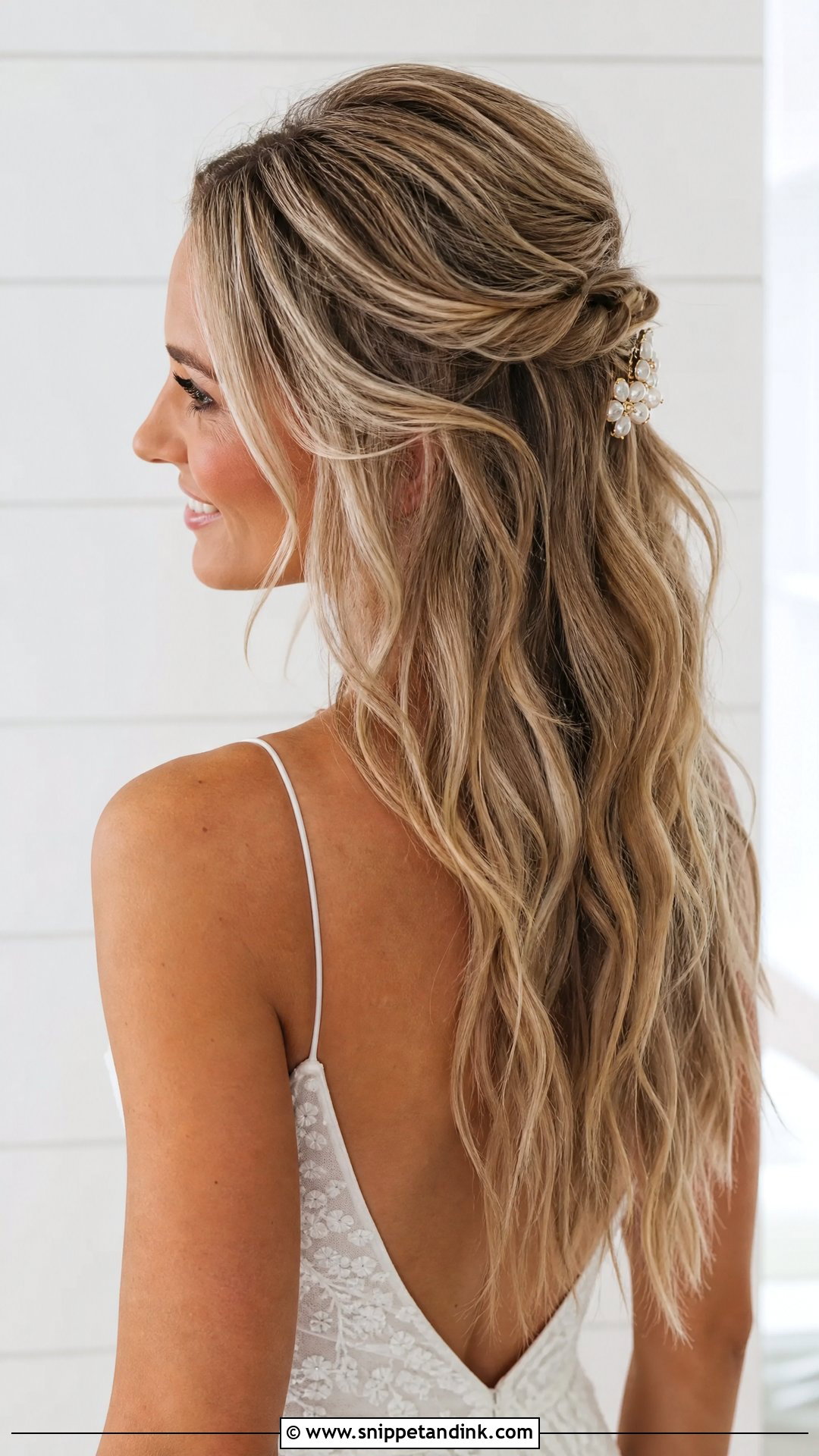 Half Up Half Down Wedding Hair With Beach Waves - Snippet and Ink - 15 Easy Half-Up Half-Down Wedding Hair Ideas