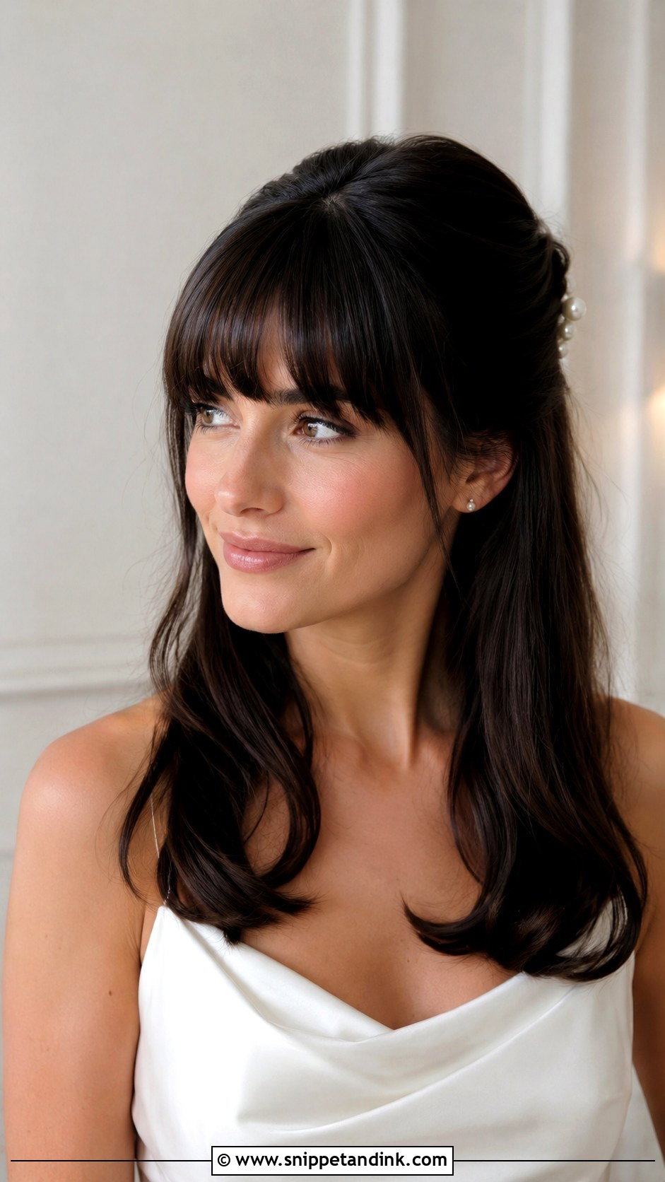 Half Up Half Down Wedding Hair With Blunt Bangs - Snippet and Ink - 15 Half-Up Half-Down Wedding Hairstyles with Bangs