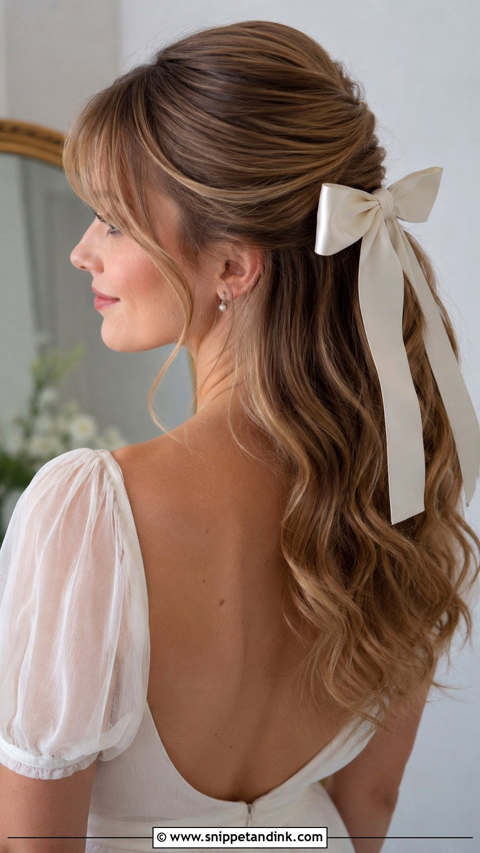Half Up Half Down Wedding Hair With Bow And Bangs - Snippet and Ink - 15 Half-Up Half-Down Wedding Hairstyles with Bangs