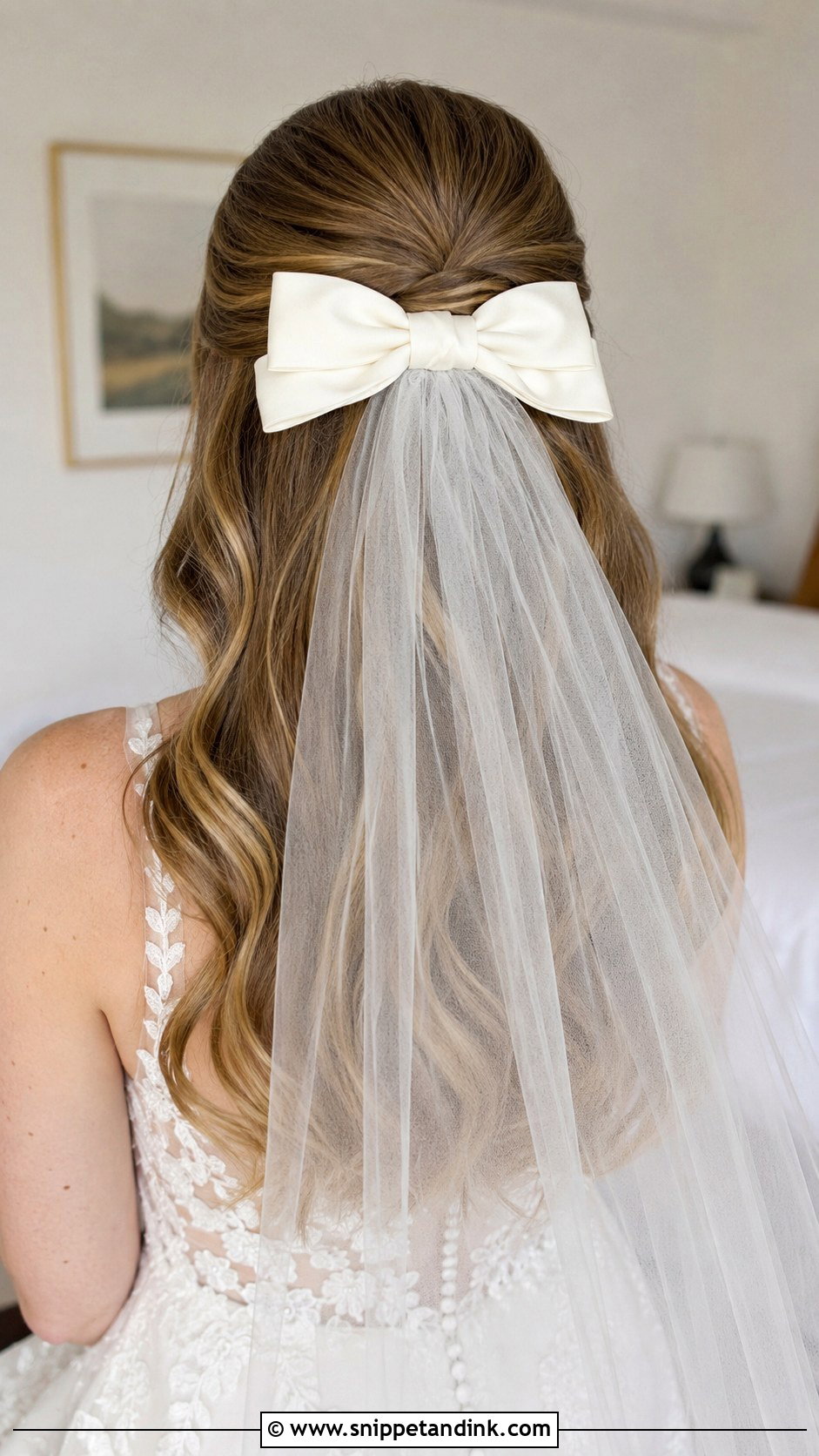 Half Up Half Down Wedding Hair With Bow And Veil - Snippet and Ink - 20 Half-Up Half-Down Wedding Hair Bow Ideas