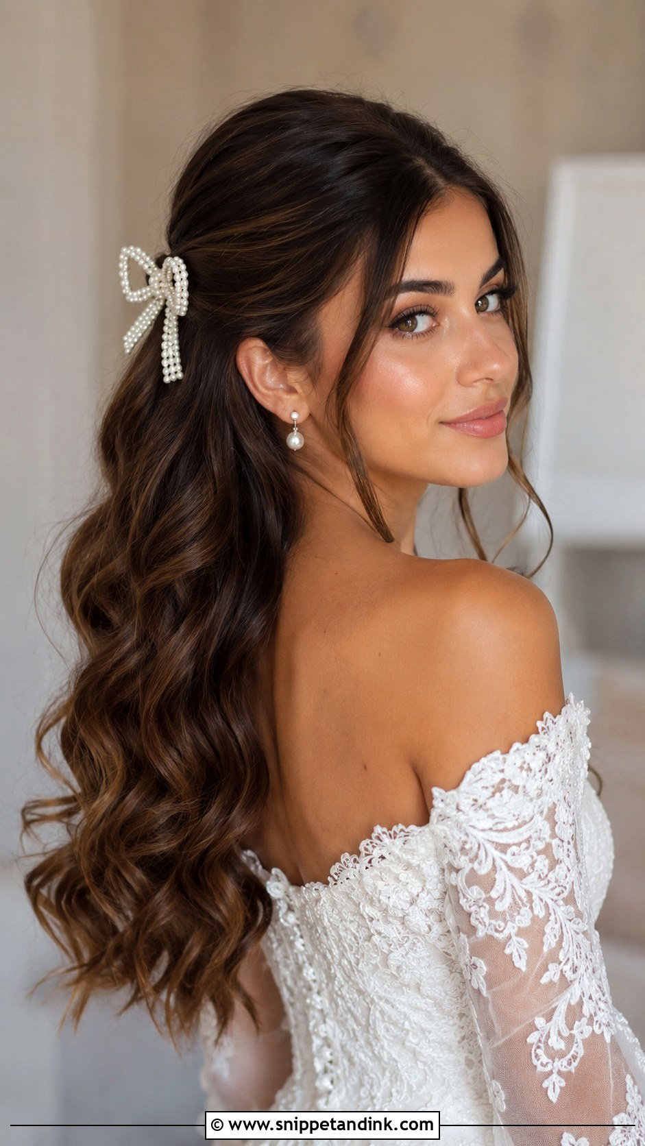 Half Up Half Down Wedding Hair With Bow For Brunette Hair - Snippet and Ink - 20 Half-Up Half-Down Wedding Hair Bow Ideas