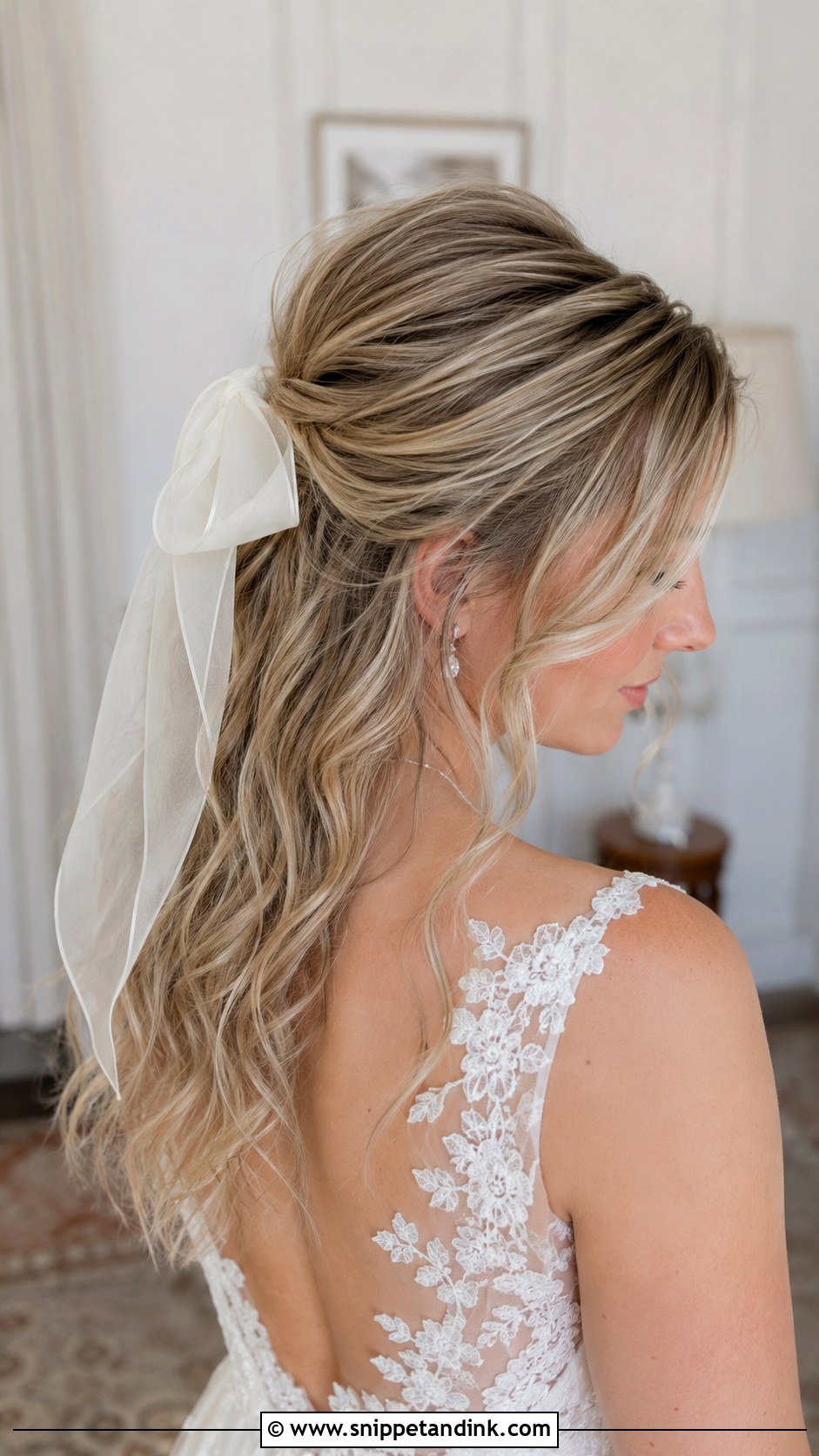 Half Up Half Down Wedding Hair With Bow For Thin Hair - Snippet and Ink - 20 Half-Up Half-Down Wedding Hair Bow Ideas