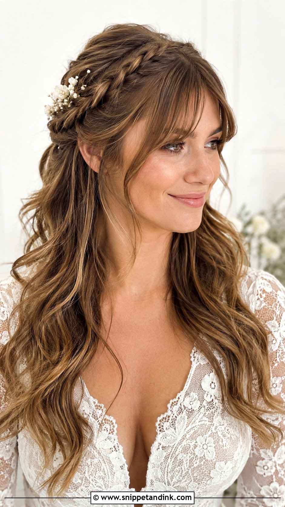 Half Up Half Down Wedding Hair With Braids And Bangs - Snippet and Ink - 15 Half-Up Half-Down Wedding Hairstyles with Bangs