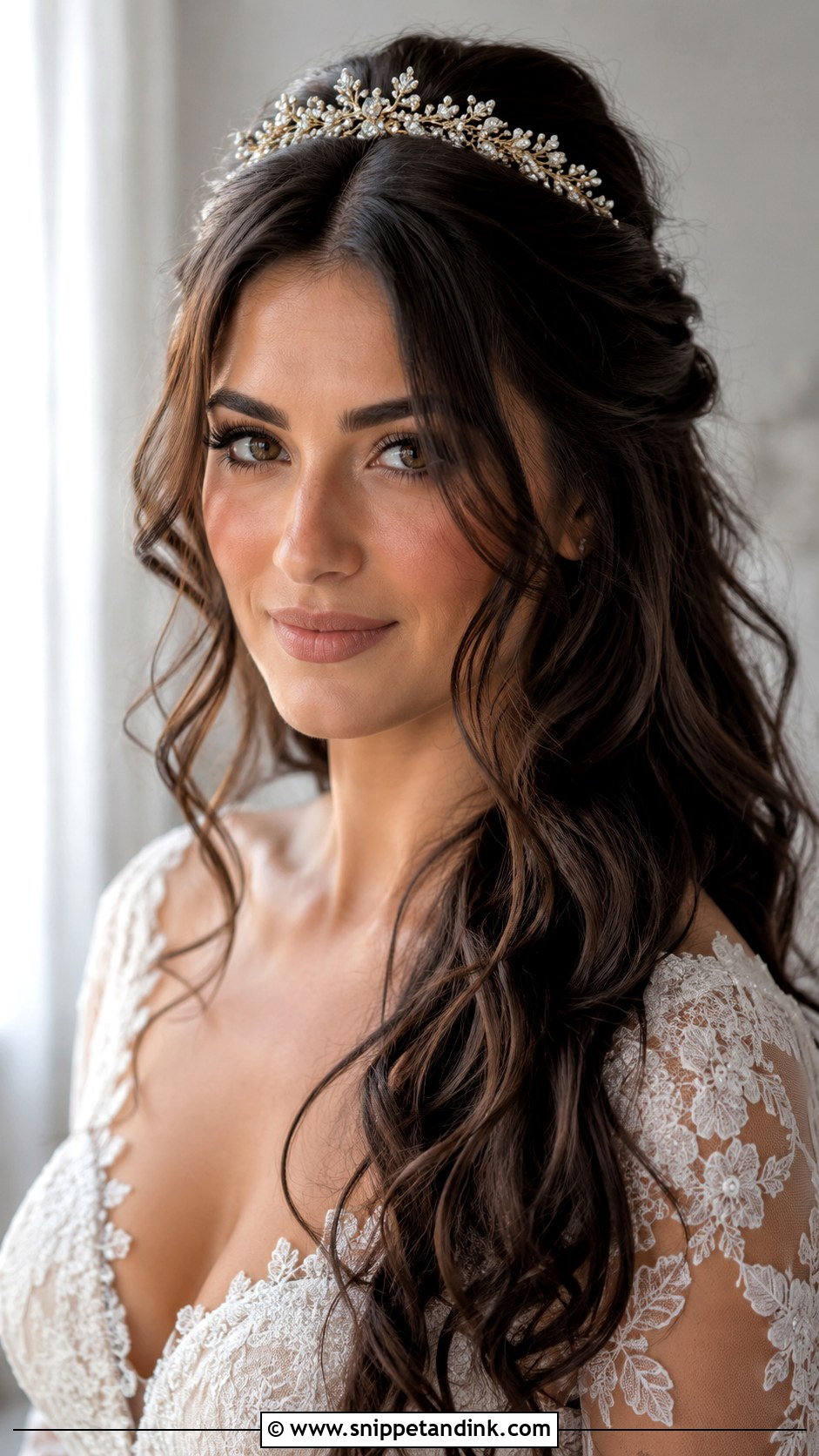 Half Up Half Down Wedding Hair With Crown And Face Framing Pieces - Snippet and Ink - 15 Half-Up Half-Down Wedding Hair with Crown Ideas