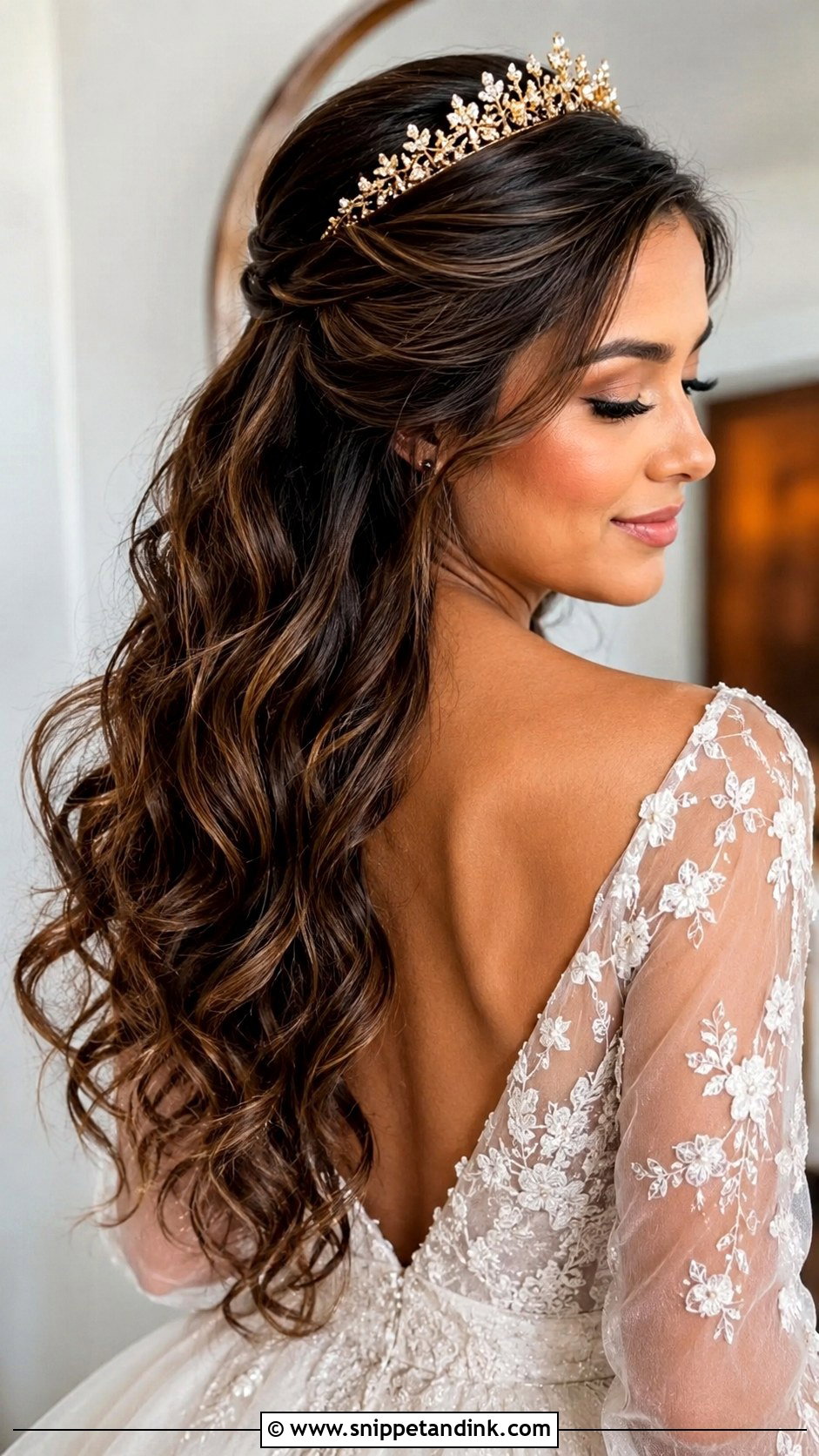 Half Up Half Down Wedding Hair With Crown And Loose Waves - Snippet and Ink - 15 Half-Up Half-Down Wedding Hair with Crown Ideas