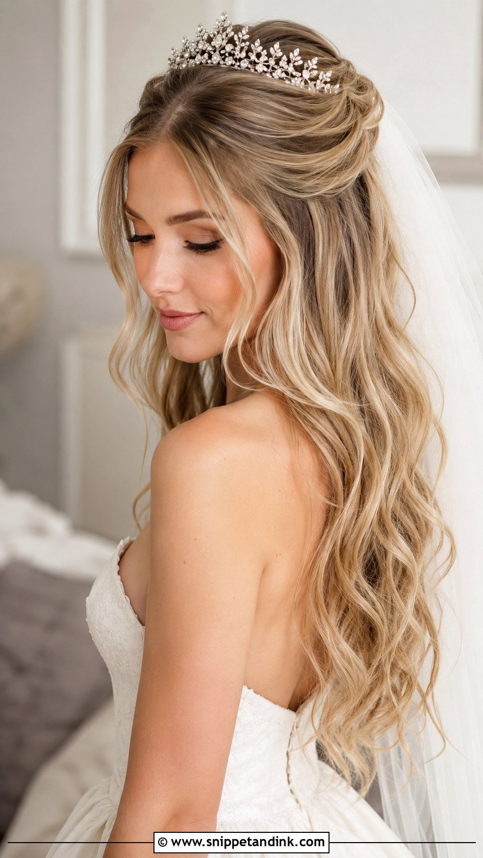 Half Up Half Down Wedding Hair With Crown And Veil - Snippet and Ink - 15 Half-Up Half-Down Wedding Hair with Crown Ideas